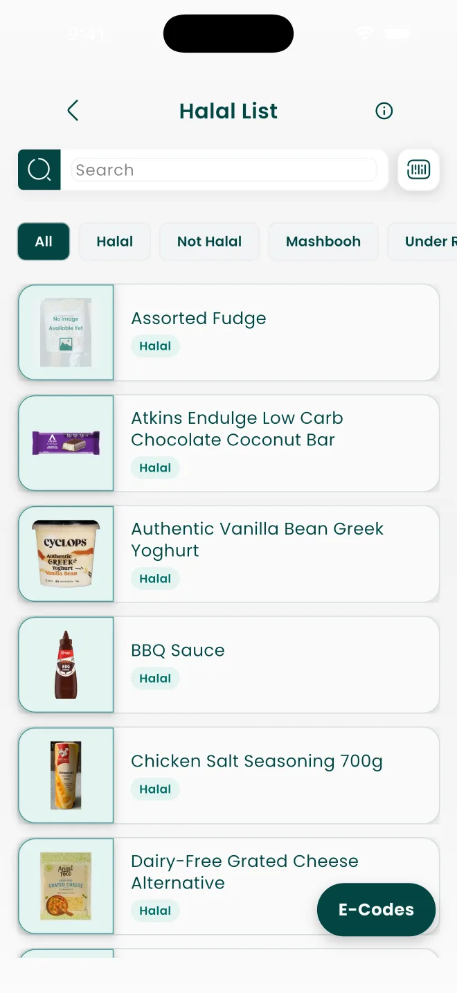 Halal Kiwi app products screen